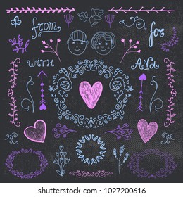 Vector vintage set of hand drawn romantic design elements, wedding invitation collection. Flowers, frames, hearts