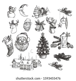 Vector vintage set hand drawn New Year illustrations isolated on white. Christmas drawings with Santa Claus, deer, snowman, tree, sock with gifts and other symbols of winter holidays.