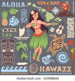 Vector Vintage set of Hawaiian icons and symbols