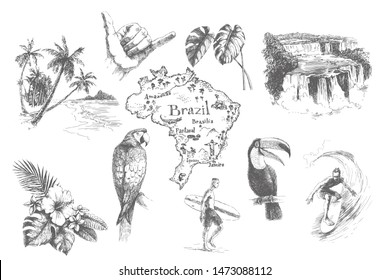 Vector vintage set illustrations of symbols tropical summer vacation. Hand drawn sketch of beach, surfer, toucan, parrot, sign shaka and exotic flowers. Brazil doodle map.