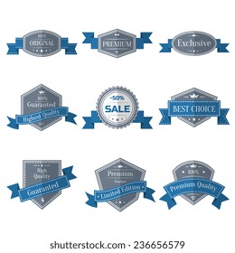 Vector vintage set of labels with blue ribbons. Guaranted, premium quality, best choice, sale design element collection. Banners templates in retro style