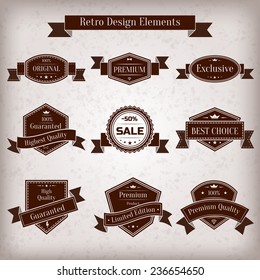Vector vintage set of labels. Guaranted, premium quality, best choice, sale design element collection. Banners templates in retro style