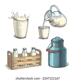 Vector vintage set of milk illustrations in engraving style. Hand drawn color sketches of glass with splash, bottles in wooden crate, fresh product pouring from jar in cup and metallic can isolated on