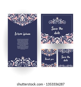Vector vintage set of ornate cards for design template. Eastern style decor. Luxury floral decoration. Place for text. Ornamental illustration for wedding invitation, greeting card, banners.