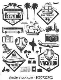 vector vintage set of travel and vacation labels, emblems and symbols. Icons of tourism, air travel, summer vacation planning, adventure, journey in holidays. vector illustration.