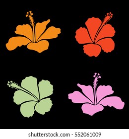 Vector vintage set of tropical hibiscus flowers. Floral collection in orange and pink colors.