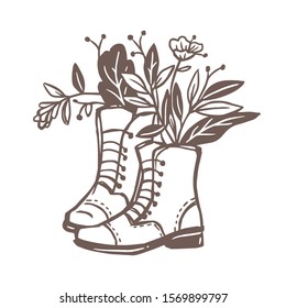 Vector vintage shoes full of flower bouquet, plants, foliage and leaves. Retro boots, symbol of summer adventure, travel and hiking. Trendy concept for logo, emblem or label for shoe or clothing store