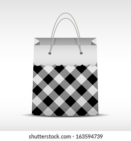 Vector Vintage shopping paper bag in check texture. Isolated on white background. Illustration of retro and sale.