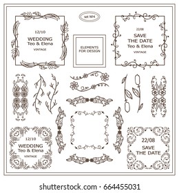 Vector vintage sign, symbols for wedding and more design. Elements for frames, borders, corners, squares, dividers. Wild flowers, grass, herbs, weeds, branches and leaves, reed. 