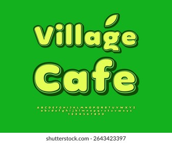 Vector Vintage signboard Village Cafe. Retro Green Font. Bold Round Alphabet Letters and Numbers set.