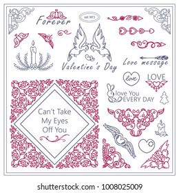 Vector vintage signs, symbols, corners, arrows, flags and more templates for design. Elements for frames, borders, squares, dividers. Cute 14 february, Valentine's day, loving hearts theme. Set 3/9