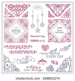 Vector vintage signs, symbols, corners, arrows, flags and more templates for design. Elements for frames, borders, squares, dividers. Cute 14 february, Valentine's day, loving hearts theme. Set 4/9