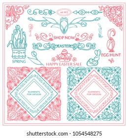 Vector vintage signs, symbols, corners, arrows, flags and more templates for design. Elements for frames, borders, squares, dividers. Cute Easter, spring elements, eggs, branches, flowers Set 3/9