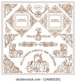 Vector vintage signs, symbols, corners, arrows and more templates for design. Elements for frames, borders, dividers. Cute Pumpkins and Halloween design elements, spiders, monsters Set 6/9
