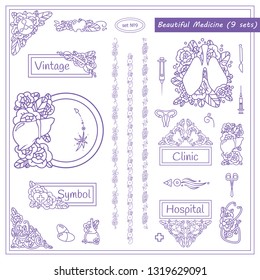 Vector vintage signs, symbols, corners, arrows, flags templates for design. Elements for frames, borders, squares, dividers. Medical and beautiful anatomy arts, human organs and doctor tools. Set 9/9