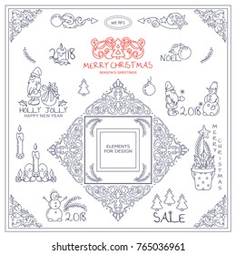 Vector vintage signs, symbols, corners, tiny arts for design. Elements for frames, borders, squares, dividers. Christmas, Holidays, winter fairytales theme. Different in each set 1 from 9