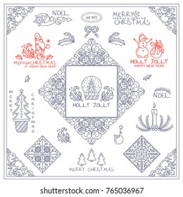 Vector vintage signs, symbols, corners, tiny arts for design. Elements for frames, borders, squares, dividers. Christmas, Holidays, winter fairytales theme. 