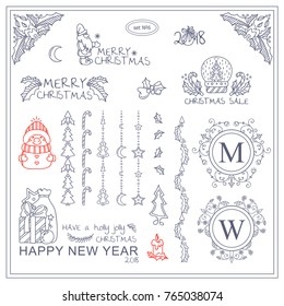 Vector vintage signs, symbols, corners, tiny arts for design. Elements for frames, borders, squares, dividers. Christmas, Holidays, winter fairytales theme.