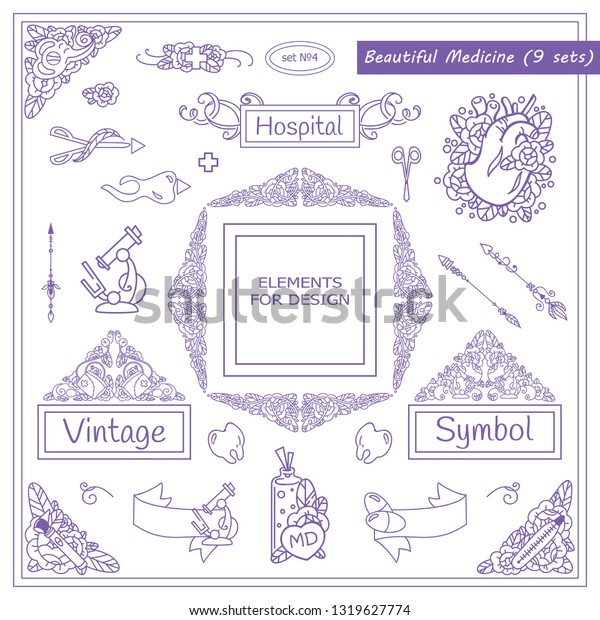 Vector vintage signs, symbols, corners, arrows, flags\
templates for design. Elements for frames, borders, squares,\
dividers. Medical and beautiful anatomy arts, human organs and\
doctor tools. Set 4/9