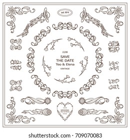 Vector vintage signs, symbols, cursors, arrows for design. Elements for frames, borders, corners, squares, dividers. Stars, waves, Space and celestial body elements. Different in each set 4 from 9