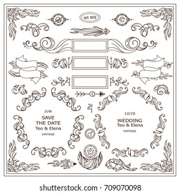 Vector vintage signs, symbols, cursors, arrows for design. Elements for frames, borders, corners, squares, dividers. Stars, waves, Space and celestial body elements. Different in each set 8 from 9