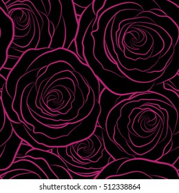Vector vintage silhouette roses seamless pattern (hand drawn) in pink colors.
