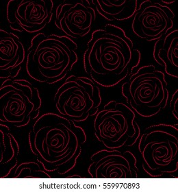 Vector vintage silhouette roses seamless pattern (hand drawn) in red colors.