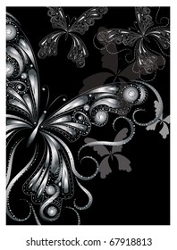 vector vintage silver butterflies with floral ornament on black. clipping mask