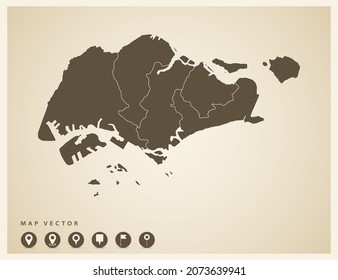 Vector Vintage Of Singapore Map On Old Background.