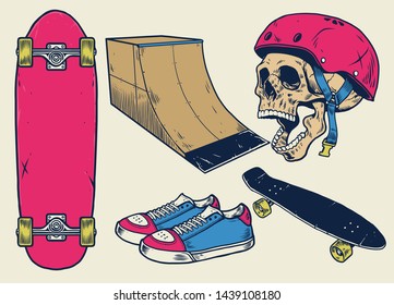 vector vintage skateboard objects in hand drawn style