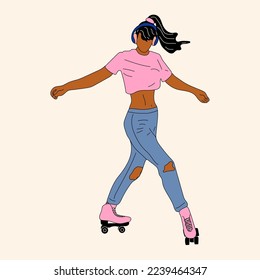 Vector vintage skating girl with roller skates . Hand drawn roller skates sketch illustration. 80s, 90s style
