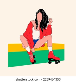 Vector vintage skating girl with roller skates . Hand drawn roller skates sketch illustration. 80s, 90s style