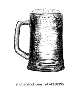 Vector vintage sketch of beer glass with handle, illustration for design and decor, print, retro style, graphic design for menus and bars, sticker