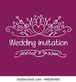 Vector vintage sketch elegant wedding bouquet on color background. Black line illustration for celebration invitation party of just married.