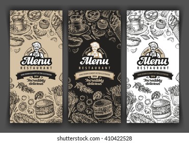 vector vintage sketch food illustration. design template menu covers for restaurant or cafe, eatery, diner, bistro