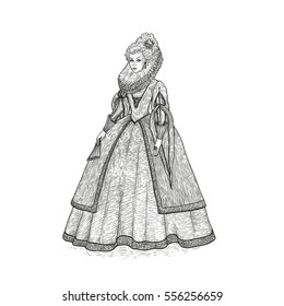 Vector vintage sketch illustration. Gentlewoman Elizabethan epoch 16th century. Medieval lady in a rich dress with large collar.