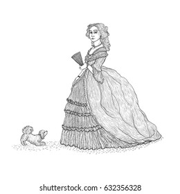 Vector vintage sketch illustration imitating engraving. Gentlewoman Victorian epoch 19th century. The lady in the rich lush dress with crinoline and lace, holding a fan, with a small fluffy lapdog