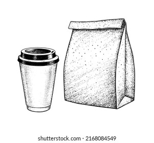 Vector vintage sketch illustration of take away coffee cup and paper bag isolated on white background.