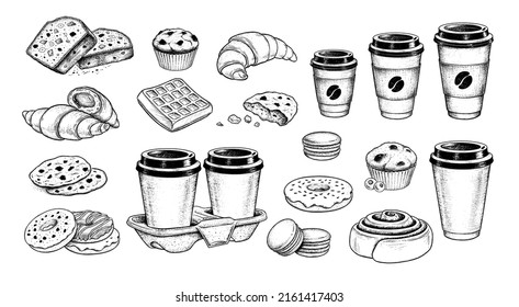 Esbozos vectores vintage ilustraciones de para ir Café y comida dulce aislados en fondo blanco.