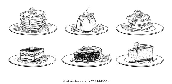 Esbozo vectorial vintage ilustraciones conjunto de postres y pasteles sobre platos aislados de fondo blanco.