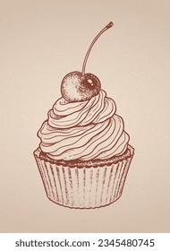 Vector vintage sketch illustrations set of Cupcake with whipped cream and cherry