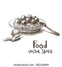 Vector vintage sketch plate with meatballs and spaghetti