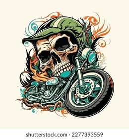 Vector vintage skull biker riding motorcycle illustration