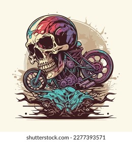 Vector vintage skull biker riding motorcycle illustration