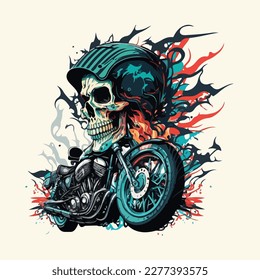 Vector vintage skull biker riding motorcycle illustration