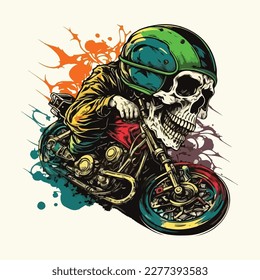 Vector vintage skull biker riding motorcycle illustration