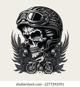 Vector vintage skull biker riding motorcycle illustration