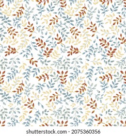 Vector vintage small leaf branches botanical illustration seamless repeat pattern fashion fabric home decor print textile digital artwork 