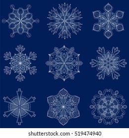 Vector vintage snowflake set in zentangle style. 9 original isolated snow flakes for Christmas, New Year decoration. Hand drawn doodle objects. Eps10.