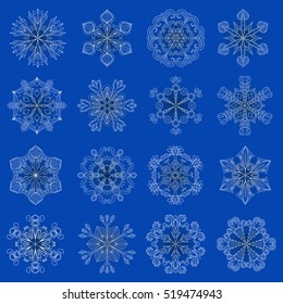 Vector vintage snowflake set in zentangle style. 16 original isolated white snow flakes for Christmas, New Year decoration. Hand drawn doodle objects. Eps10.